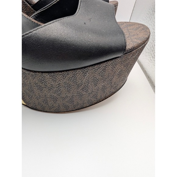 Michael Kors Womens Black Leather MK Signature Platform Wedge Sandals Size 8.5 - Picture 3 of 11